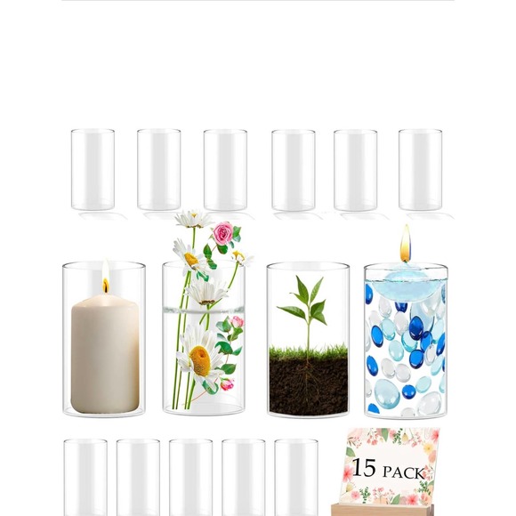Set of 15 Glass Cylinder Vases for Centerpieces, Hurricane Candle Holders